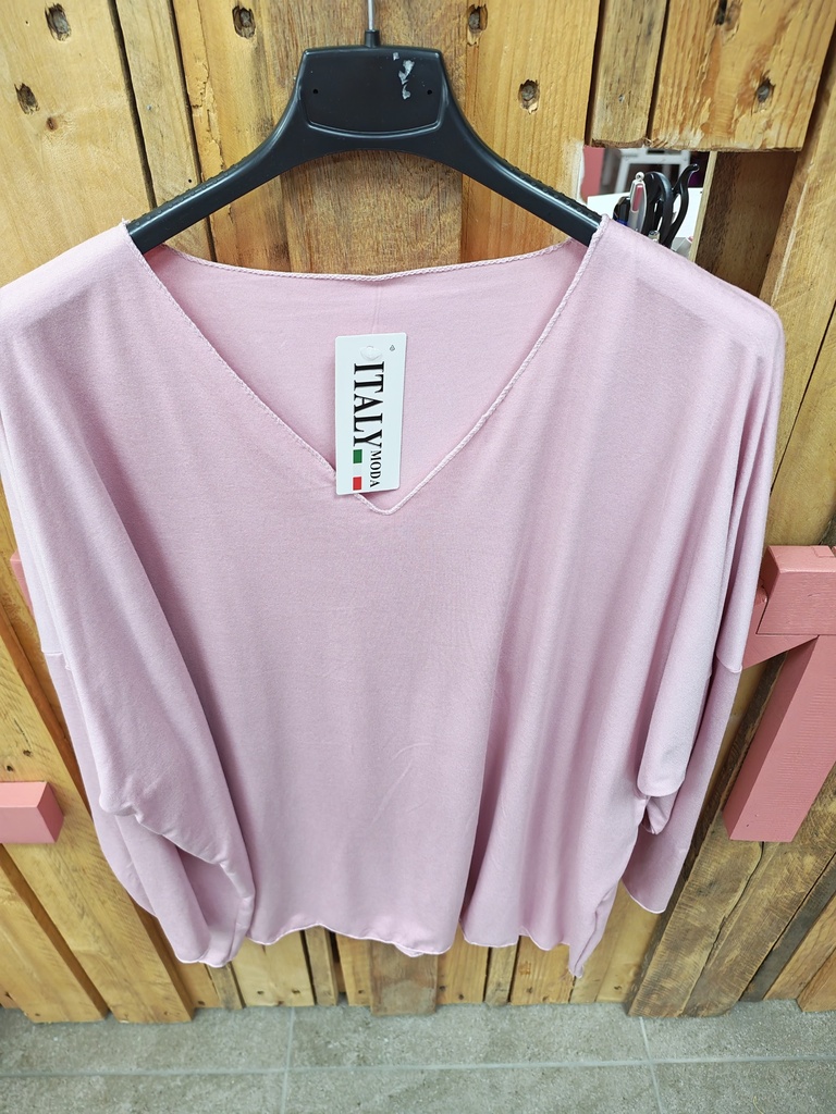 T-shirt uni col V manche longue "Orel" Rose pâle