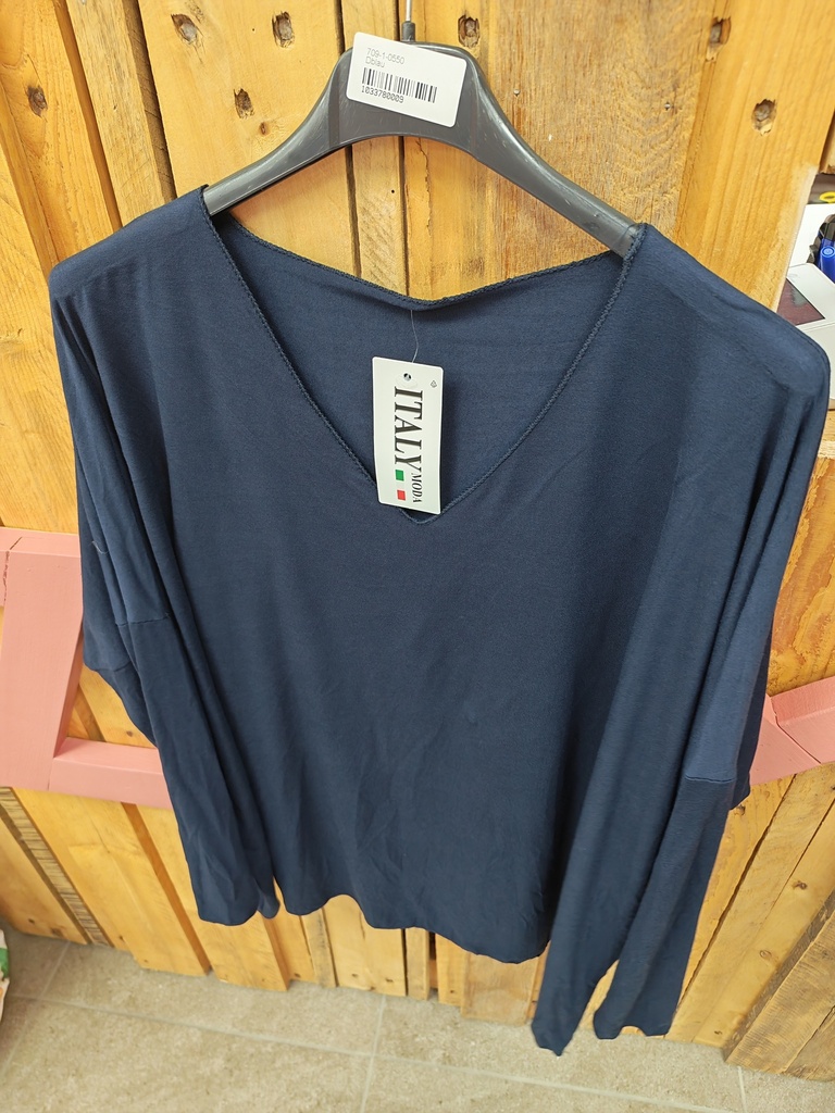 T-shirt uni col V manche longue "Orel" marine