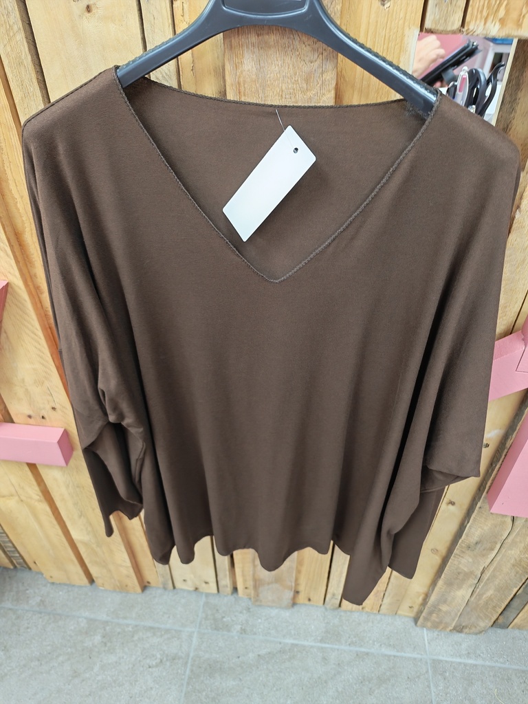 T-shirt uni col V manche longue "Orel" chocolat