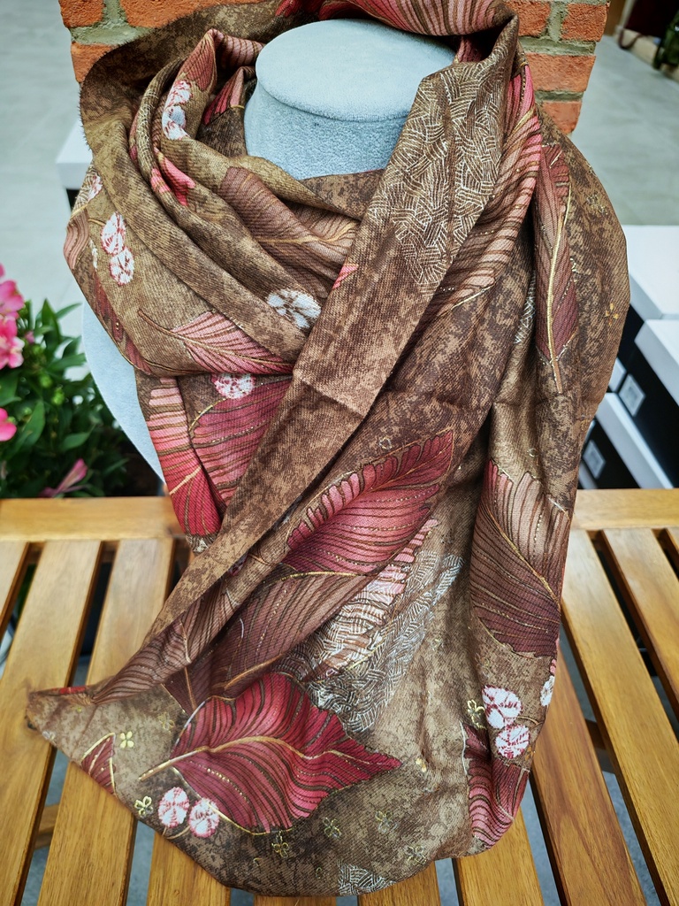 Foulard feuilles avec dorure tons taupe