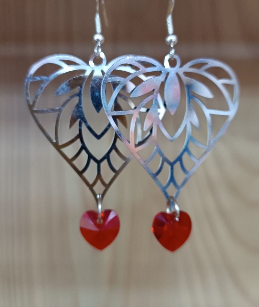B.O. Coeurs argentés swarovski coeur rouge (Fééries)