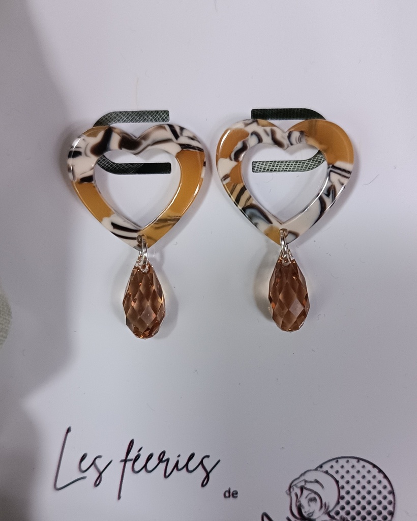 B.O. dorée coeur résine goute Swarovski colorado (Fééries)
