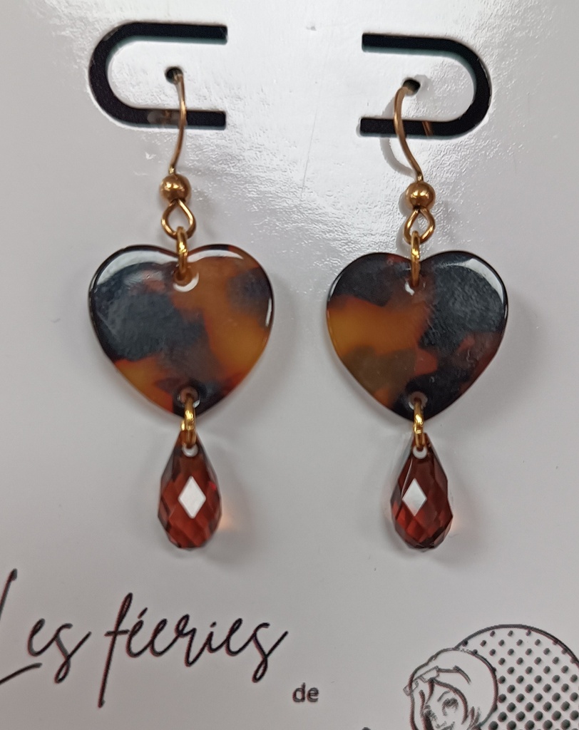 B.O. dorée intercalaire coeur marbré goute Swarovski Smoky  (Fééries)