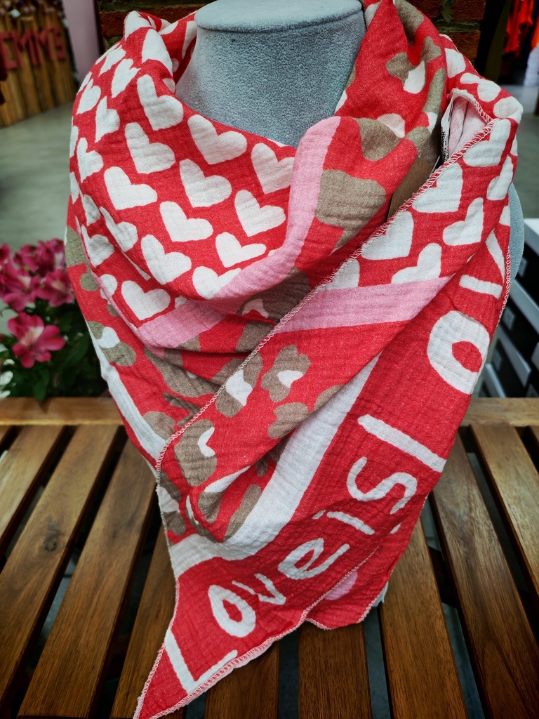 Foulard "Love is love" cœur léopard tons corail