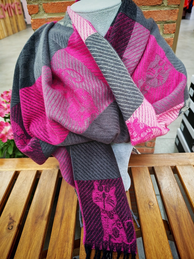 Echarpe à carreaux chats tons fuchsia/gris