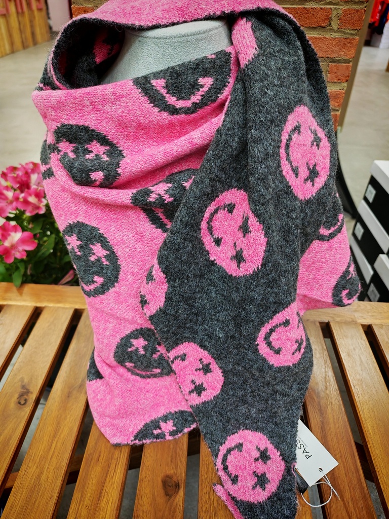Echarpe triangle Smiley croix gris/fuchsia