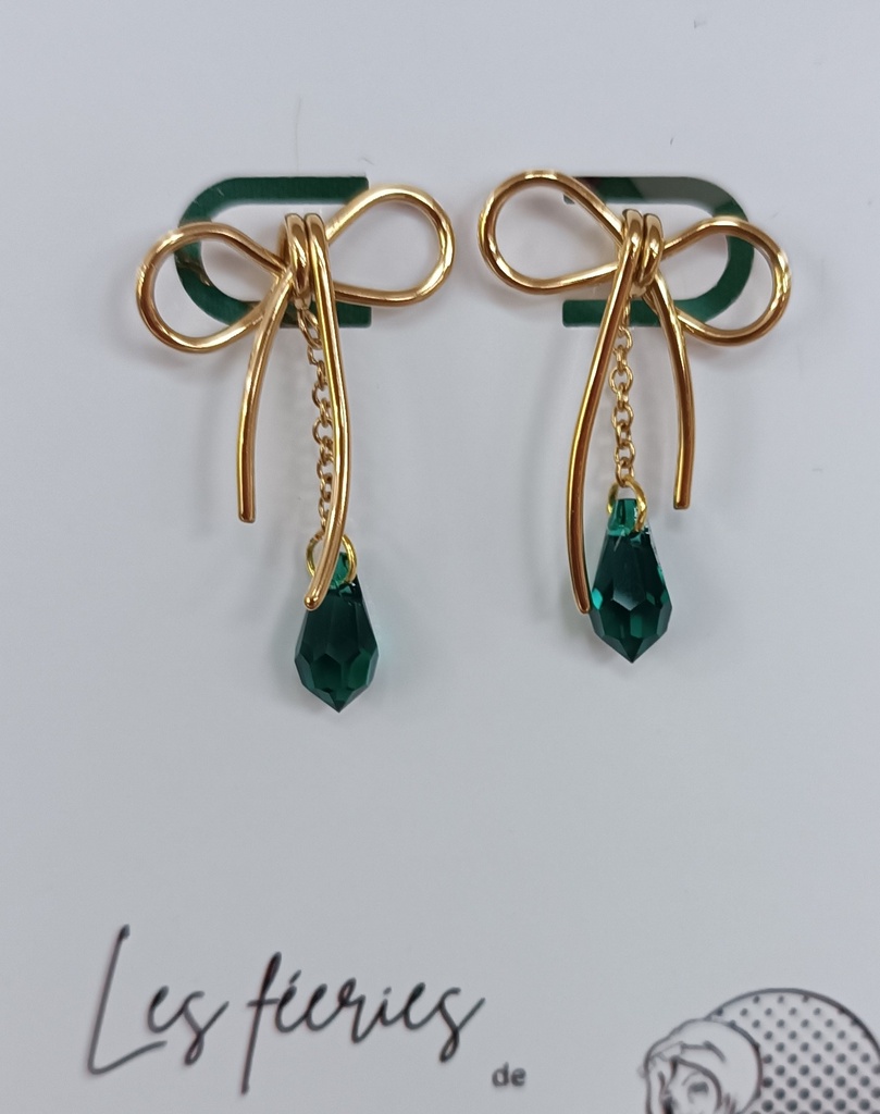B.O. dorée noeud goute Swarovski Esmerald (Fééries)