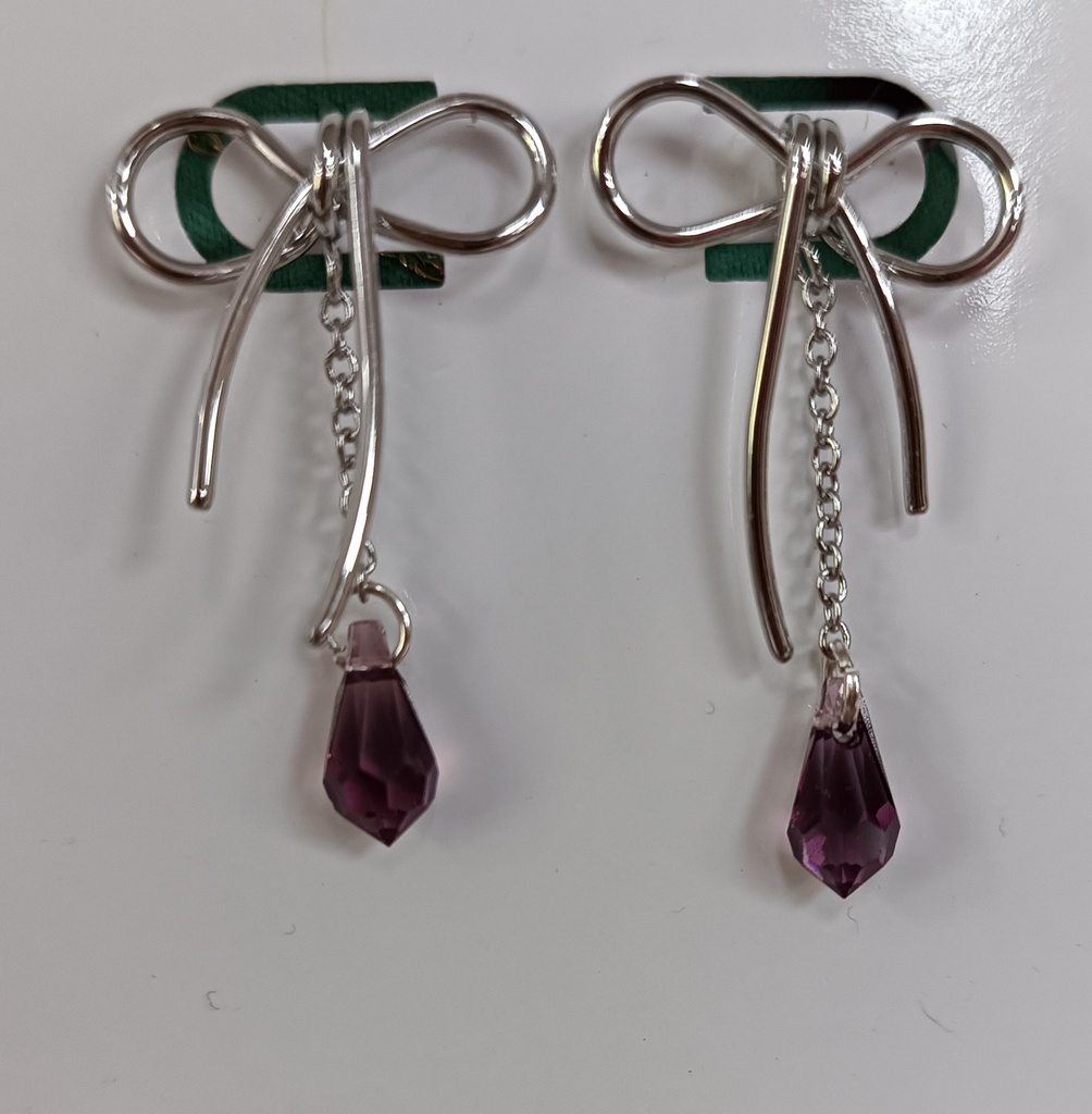 B.O. argentée noeud goute Swarovski mauve (Fééries)