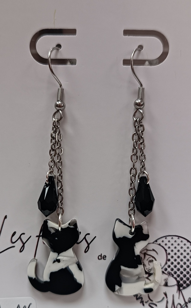 B.O. argentée marbré chat noir et blanc chainette goute Swarovski noir (Fééries)
