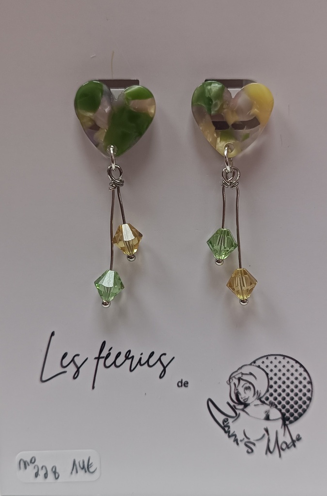 B.O. coeur marbré descente toupie Swarovski vert & jaune (Fééries)