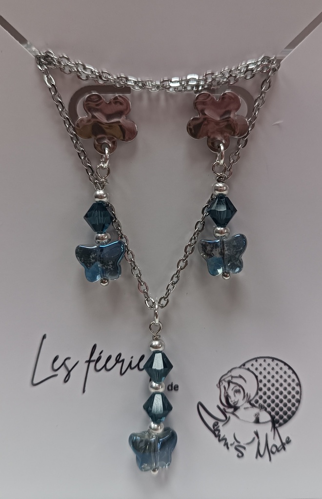 Parure argentée fleurs & papillon toupie Swarovski bleu nuit (Fééries)