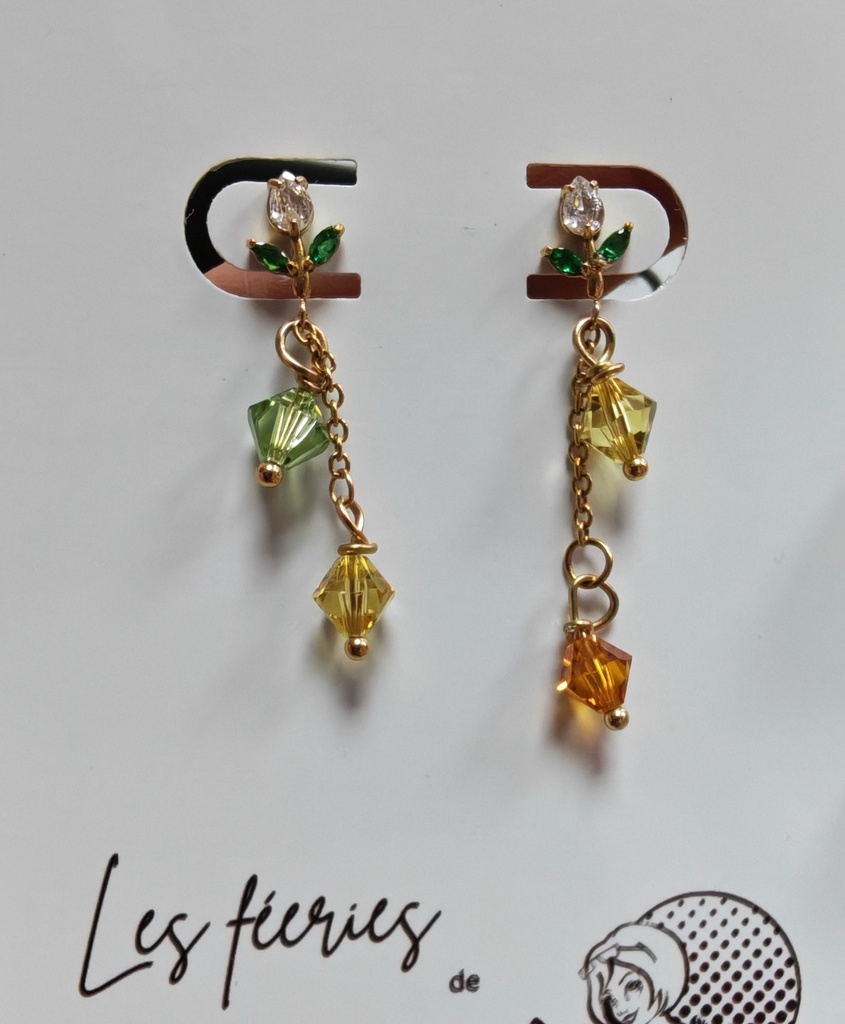 Clous d'oreilles fleurs dorées toupies Peridot, Topaz & Jonquil