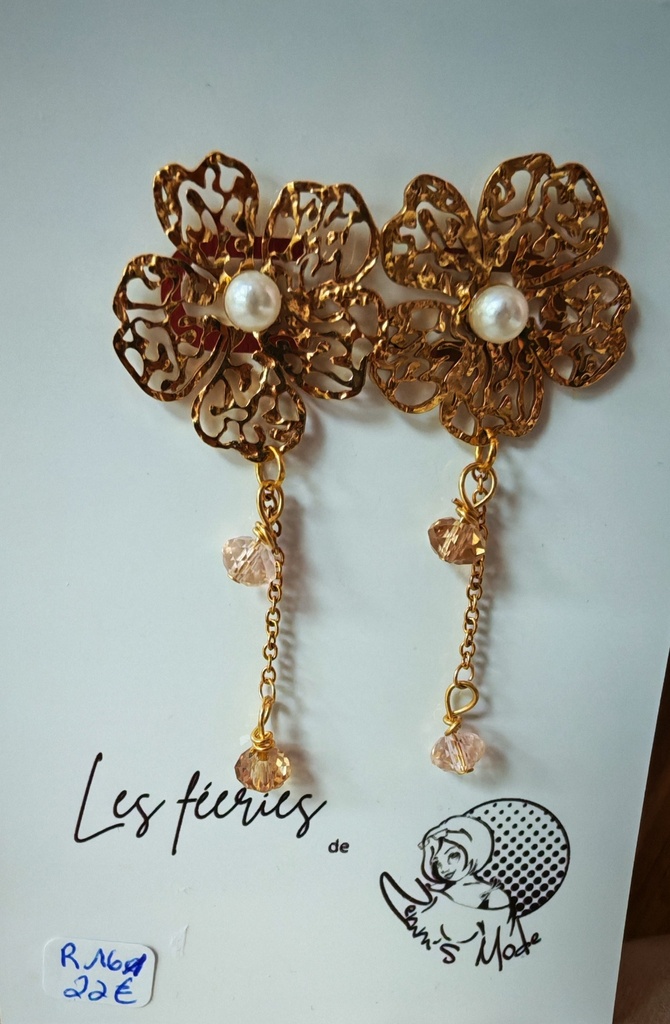 Clous d'oreilles fleurs dorées perles aplaties Colorado Topaz & Silk