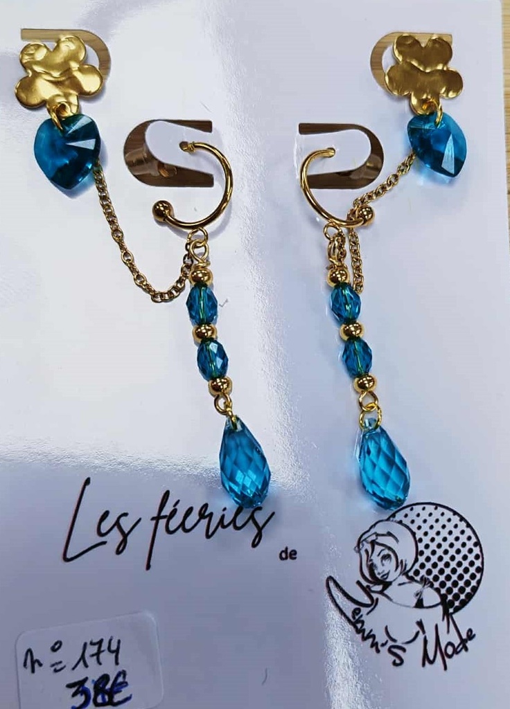 B.O. double perçage dorée olivette, coeur & goute pure crystal Blue Zircon/Aquamarine (Fééries)