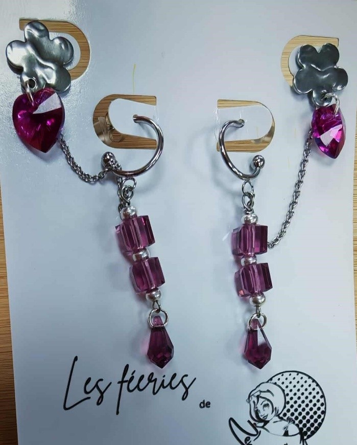 Boucles d'oreilles double perçage argentée cubes, cœurs & goute PureCrystal Ametyst/Iris