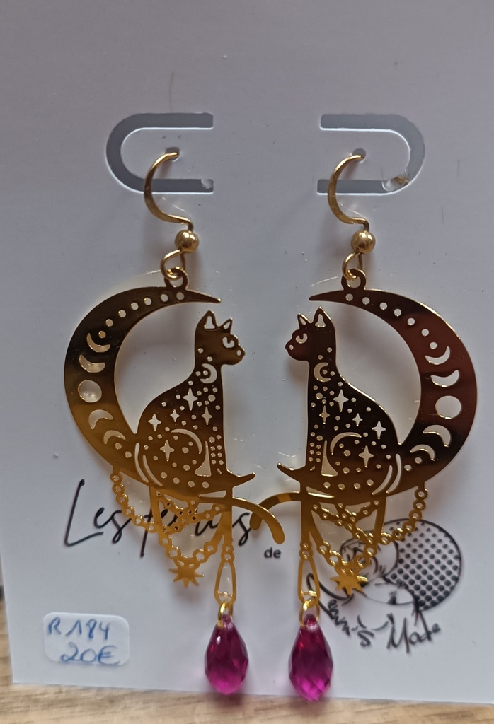 Boucles d'oreilles dorées chats et gouttes Fuchsia