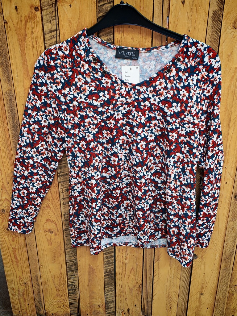 Blouse fleuries "Alma" boutons Turquoise/rouille