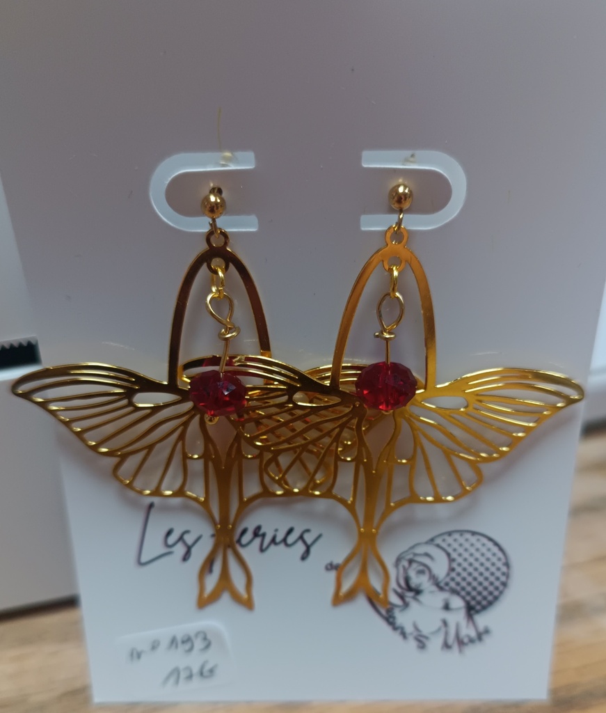 B.O. papillon doré perle ronde aplatie pure crystal Siam (Fééries)