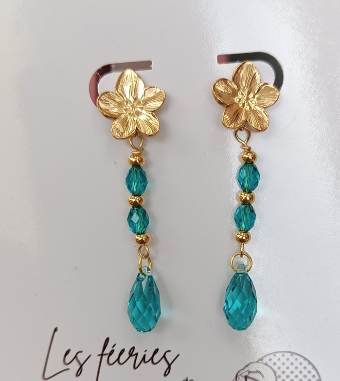 B.O. fleur de cerisier dorée olivette et goute purecrystal bleu zircon et light turquoise (Fééries)