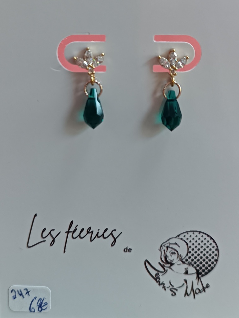 Clou d'oreille plaqué or fleur goute purecrystal Esmerald (Fééries)