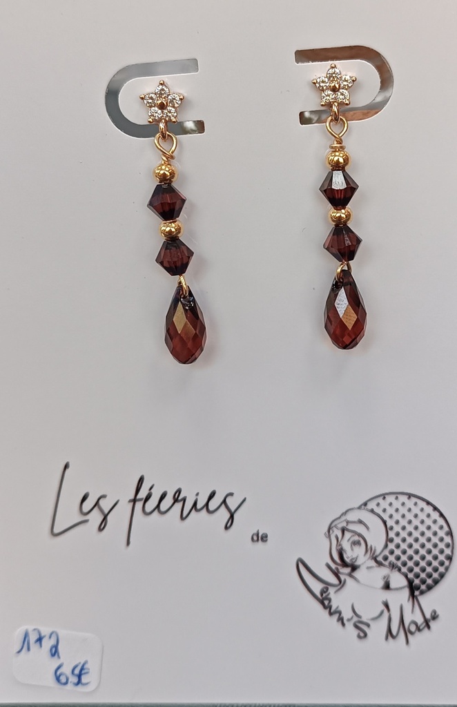 Clou d'oreille plaqué or fleur toupie et goute Purecrystal Smoke Amber (Fééries)