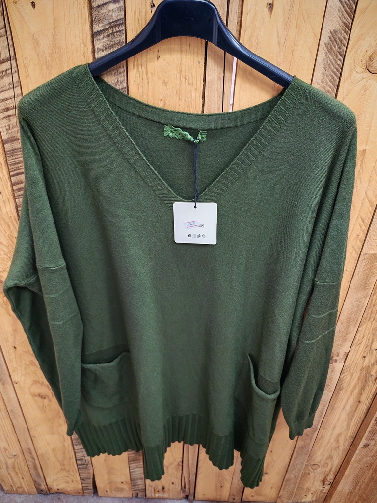 Pull Col V Poches "Tinie" Kaki