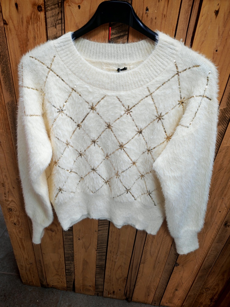 Pull blanc sequin carreaux doré PT