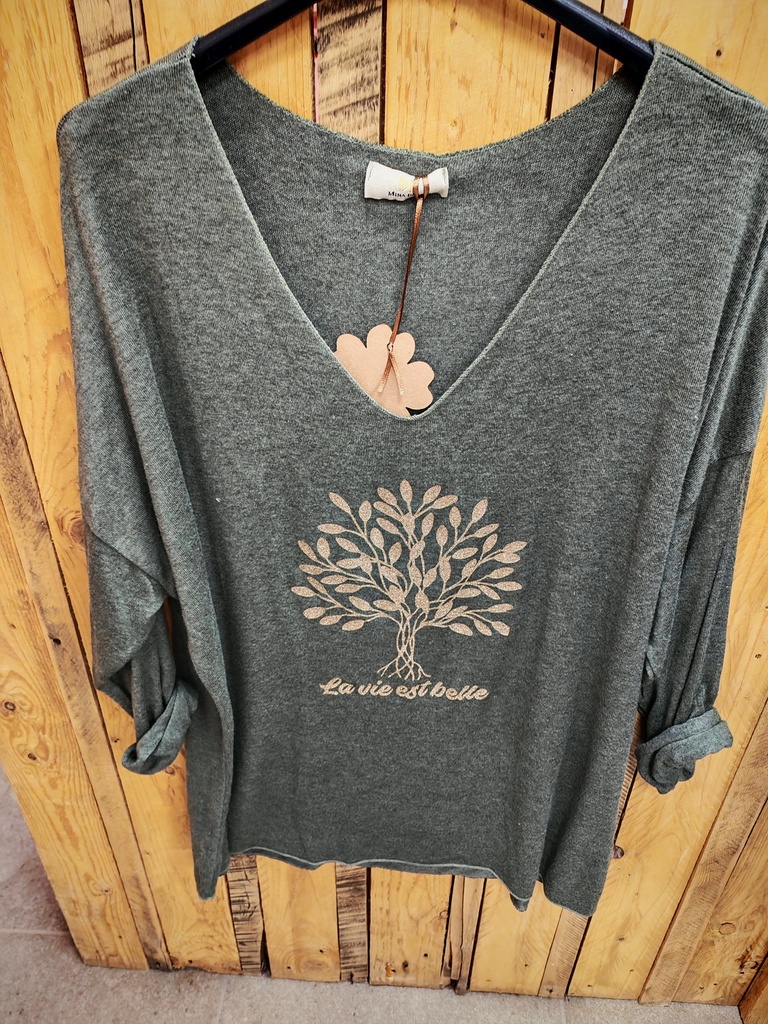 Pull "Arbre de vie doré" Kaki