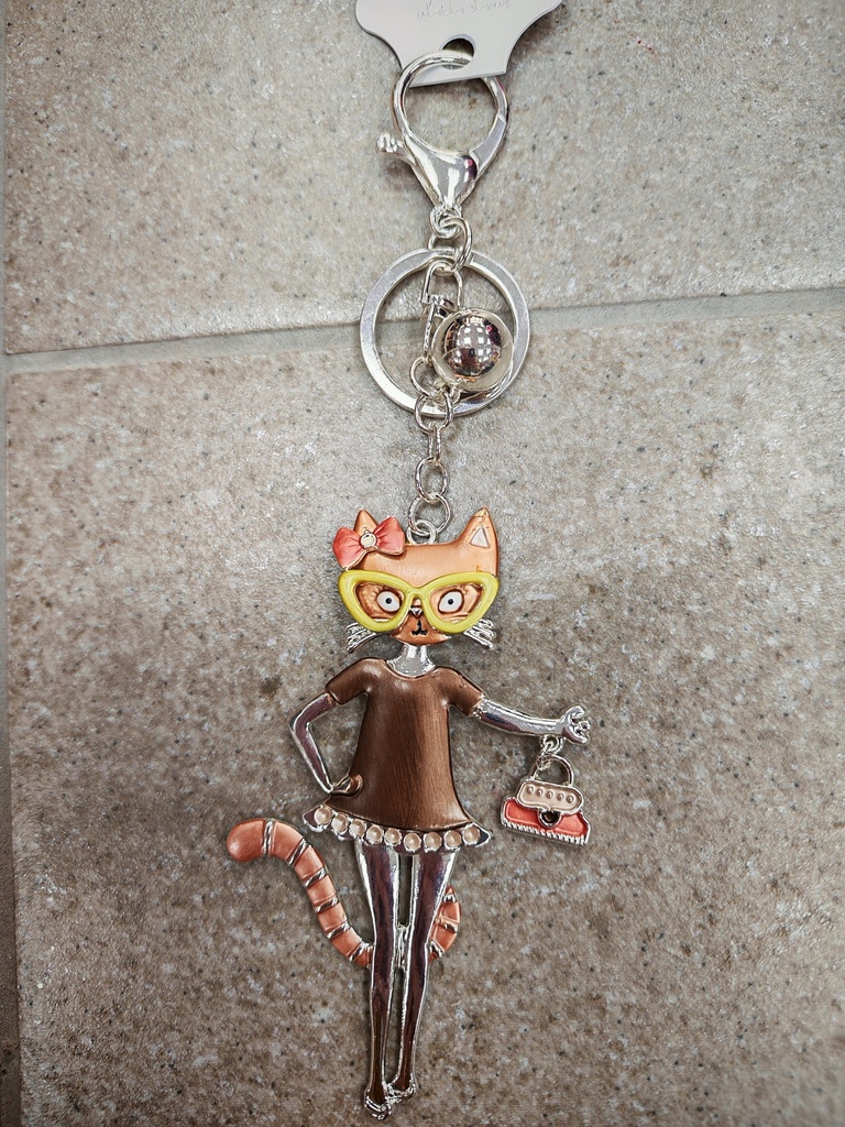 Porte-clés chat brun lunettes