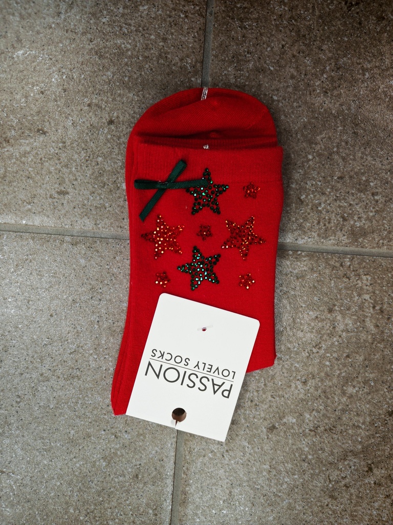 Chaussettes étoiles strass fond rouge