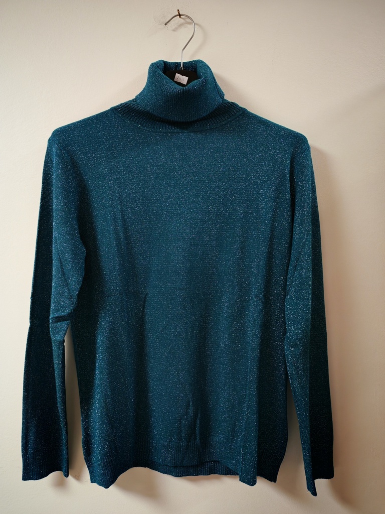 Pull pailleté Lyana vert canard col roulé