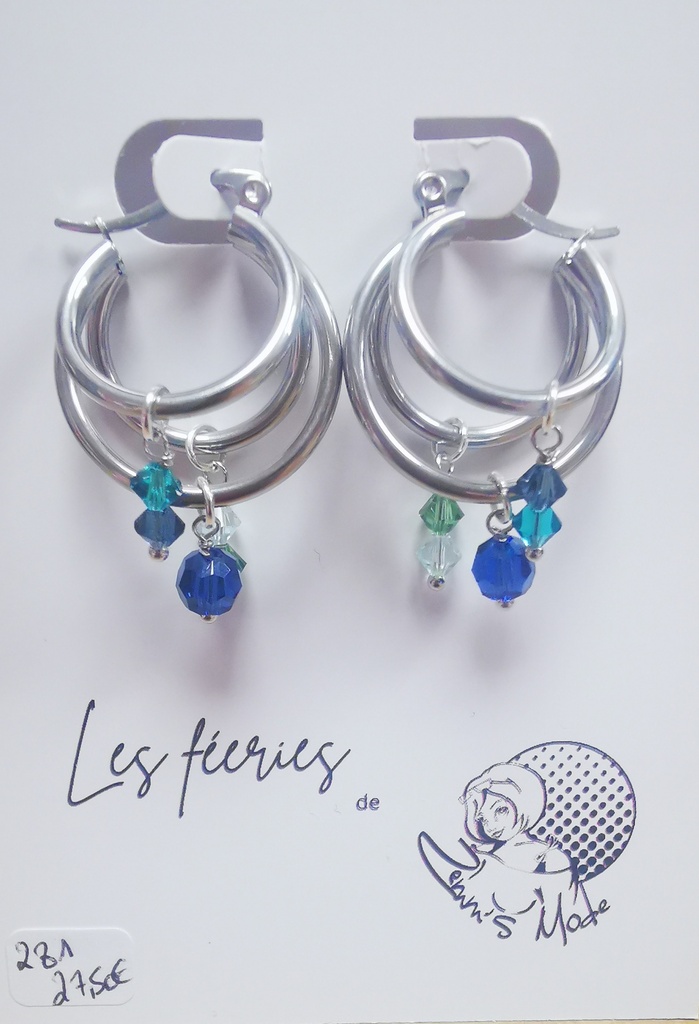 Créole 3 rangs argentée perles et toupies PureCrystal Tons Pacific (Fééries)