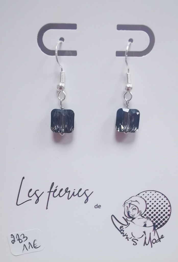 B.O. argentée perles carrées 8mm PureCrystal Sylver Night (Fééries)