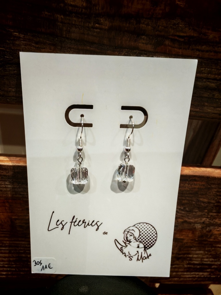 Boucles d'oreilles argentées perles carrées 8mm PureCrystal Crystal