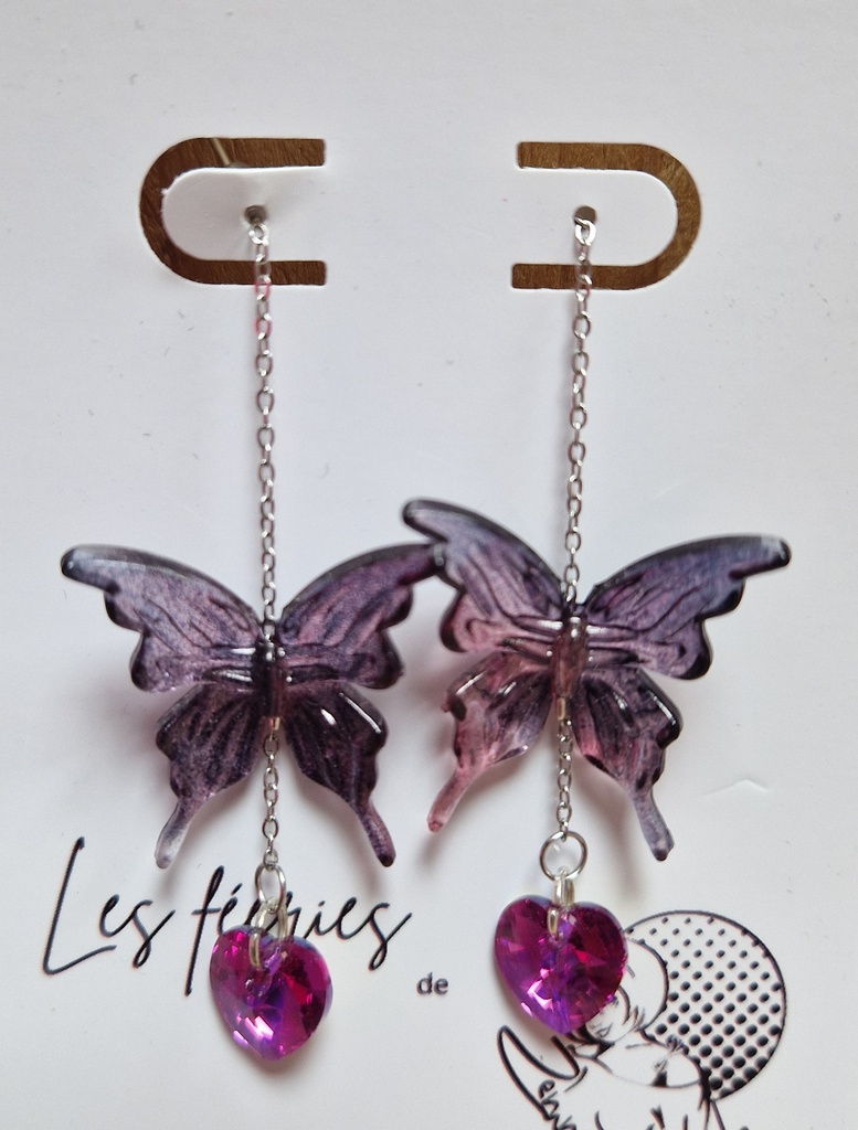 Boucles d'oreilles chaine papillon coeur PureCrystal Fuchsia (Fééries)