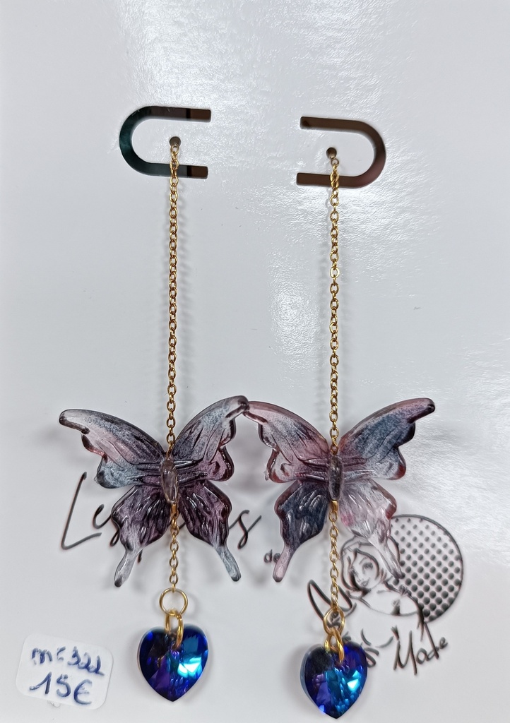 Boucles d'oreilles chaine papillon coeur PureCrystal Bermuda Blue (Fééries)