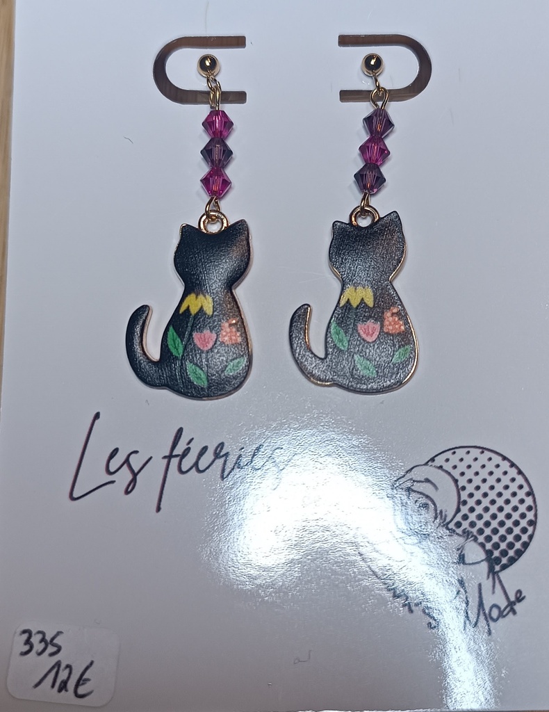 Boucles d'oreilles dorées Chats Noir/Fleurs Toupies 4mm PureCrystal tons Purple (Fééries)
