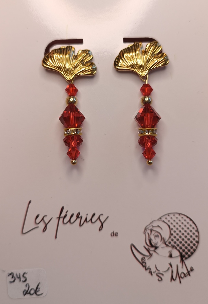 Clous d'oreilles dorés Ginkos et Perles tons Rouge
