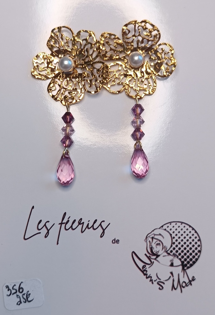 Clous d'oreilles dorés Fleurs ajourées Goutes et Toupies PureCrystal tons Rose (Fééries)