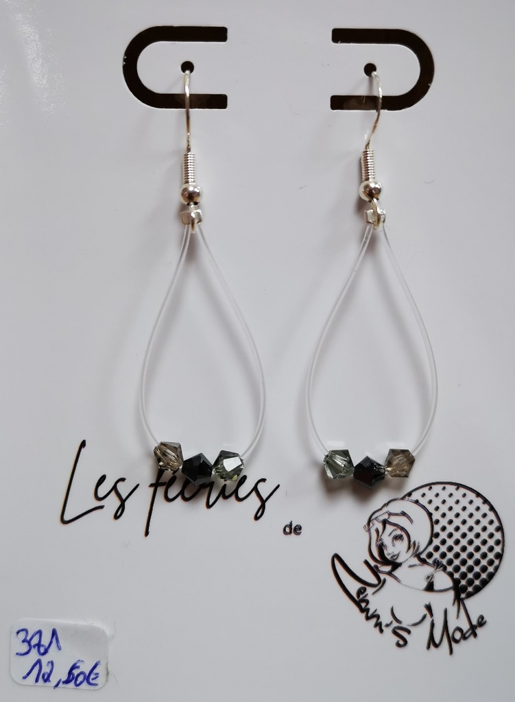 Boucles d'oreilles fil argenté toupies PureCrystal tons noir (Fééries)