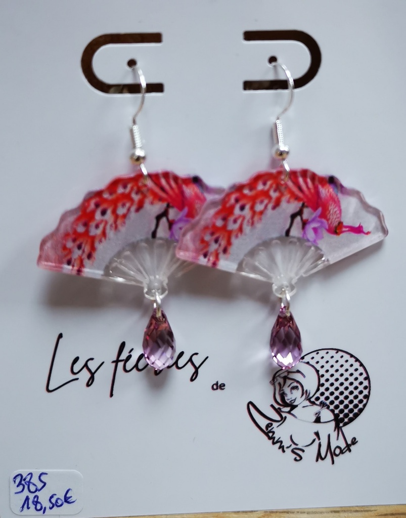 Boucles d'oreilles éventails "Paon" goute PureCrystal Dark Rose (Fééries)