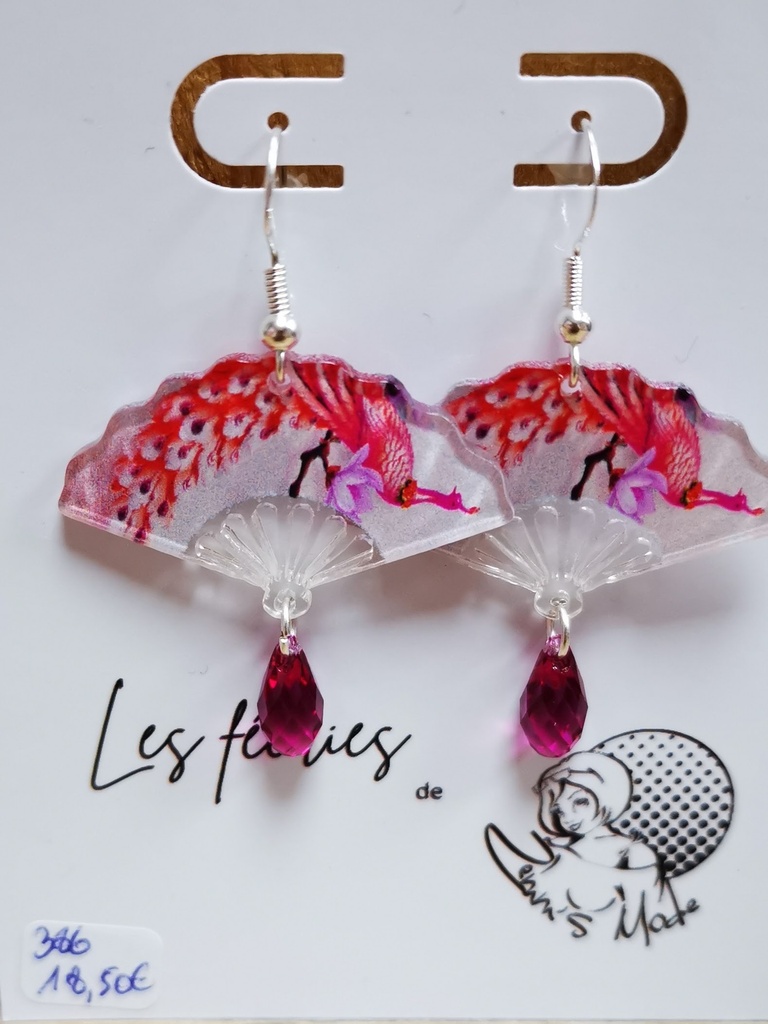 Boucles d'oreilles éventails "Paon" goute PureCrystal Fuchsia (Fééries)