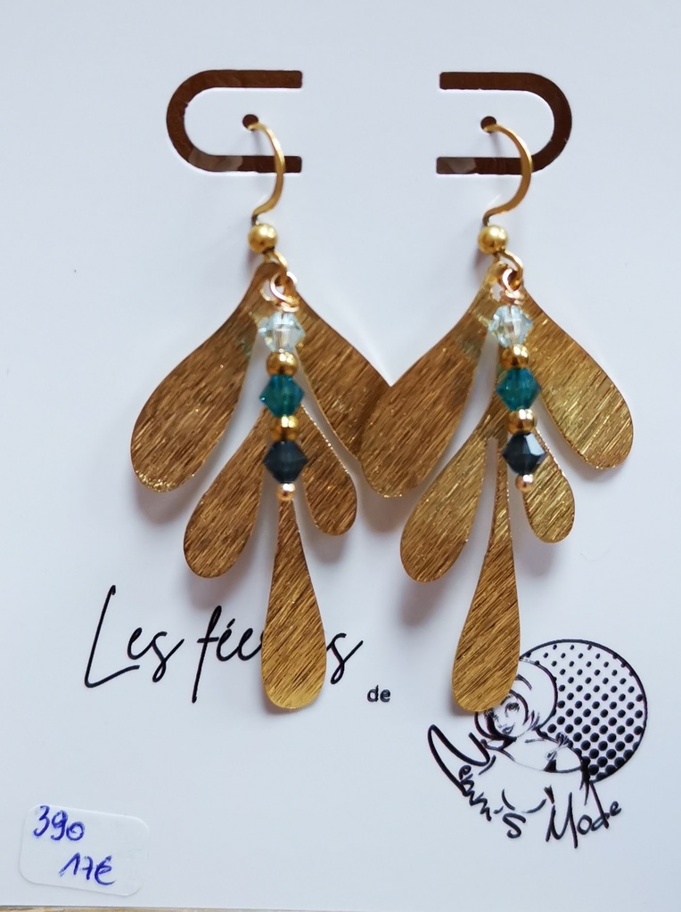 Boucles d'oreilles feuilles griffées dorées toupies PureCrystal tons Pacific (Fééries)