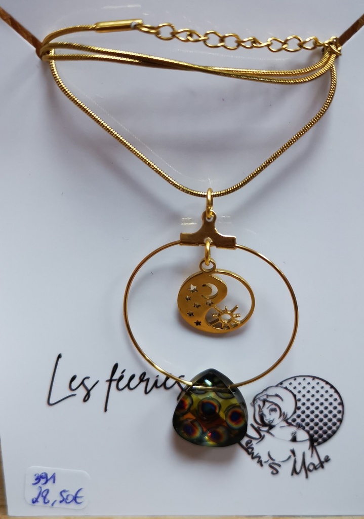 Collier doré rond avec breloque yingyang goute PureCrystal Peacock (Fééries)