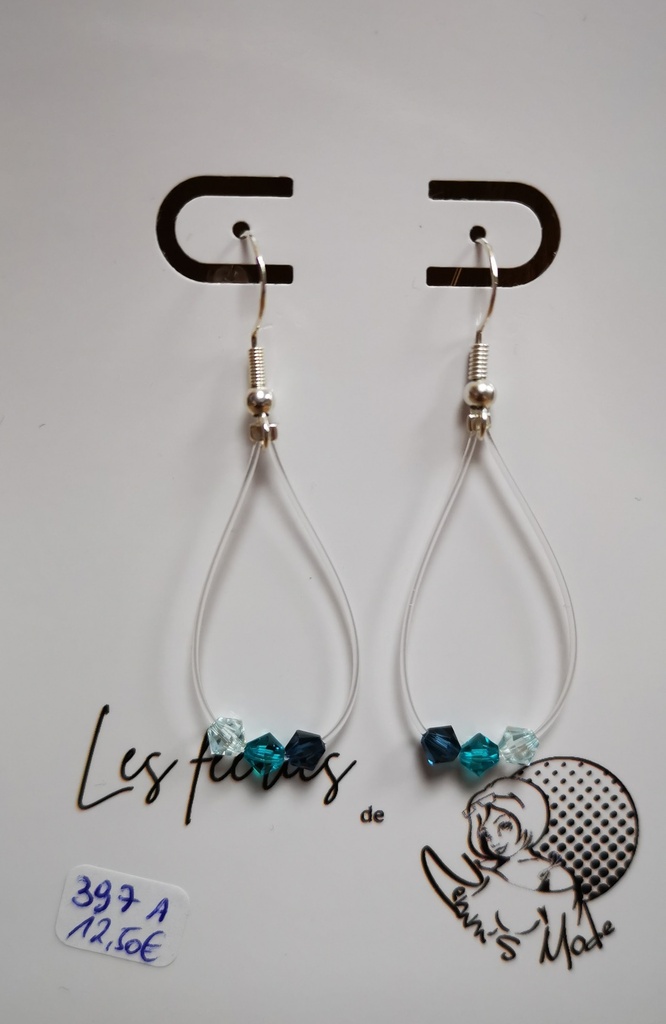 Boucles d'oreilles argentées fils et toupies 4mm tons Pacific