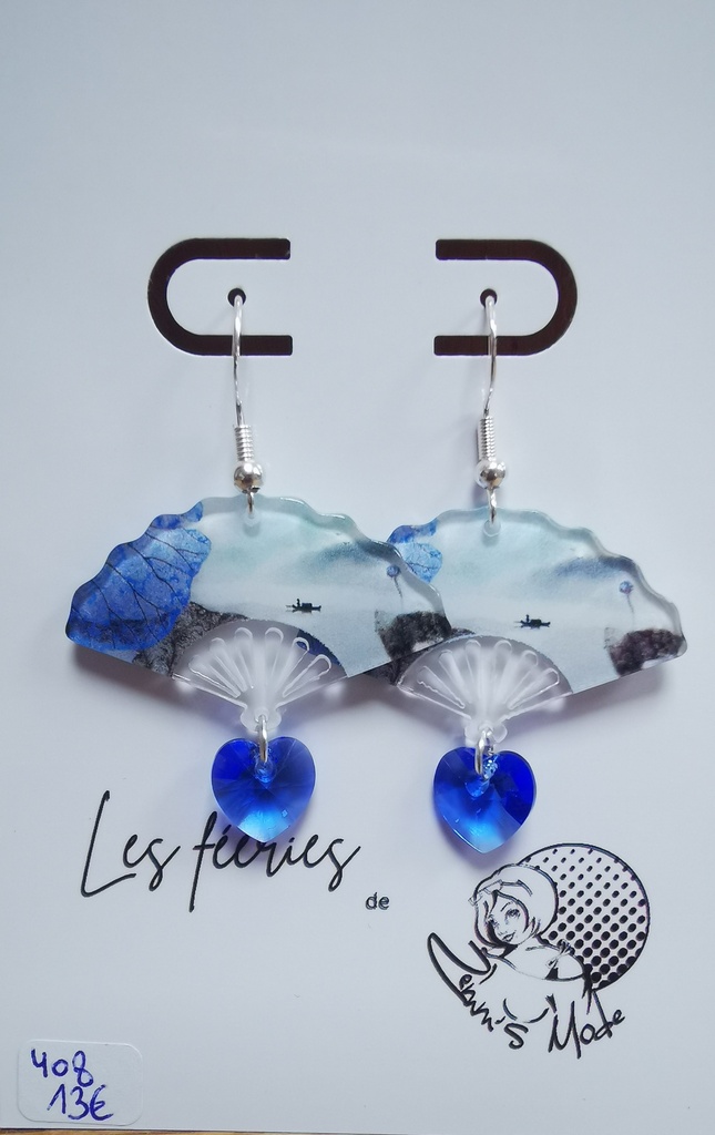 Boucles d'oreilles argentées Eventails Mer Coeurs PureCrystal Sapphire (Fééries)