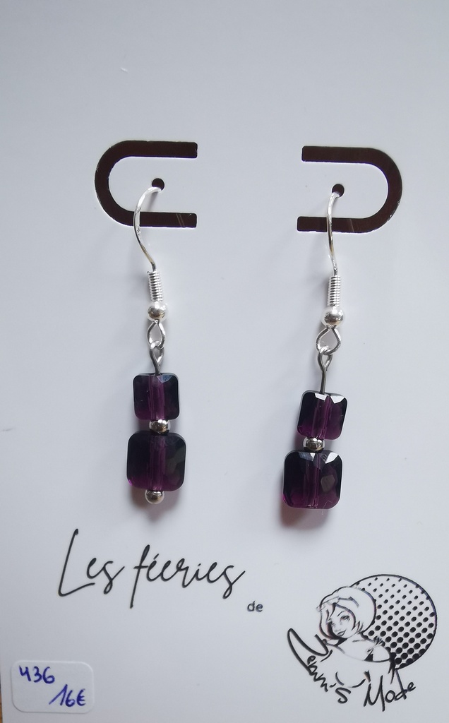 Boucles d'oreilles argentées Perles Carrées PureCrystal Amethyst (Fééries)