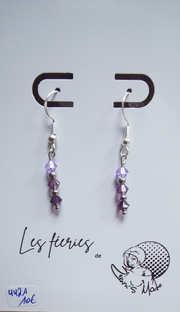 Boucles d'oreilles argentées descentes Toupies 4mm PureCrystal tons Purple (Fééries)