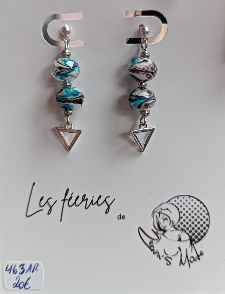 Boucles d'oreilles Argent 925 Triangle perles de Murano Turquoise/Chocolat (Fééries)