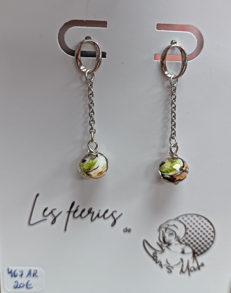 Boucles d'oreilles Argent 925 Ovales perles de Murano Orange/Vert (Fééries)